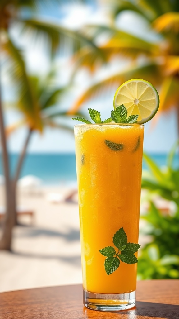 A refreshing mango rum slush in a glass, garnished with mint and lime, against a beach backdrop.
